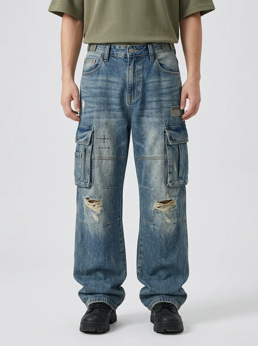 Men's Ridge Streetwear Compass Graphic Distressed Printed Cargo Jeans
