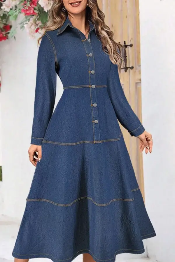 Blue Contrast-Stitch Denim Single-Breasted Midi Dress
