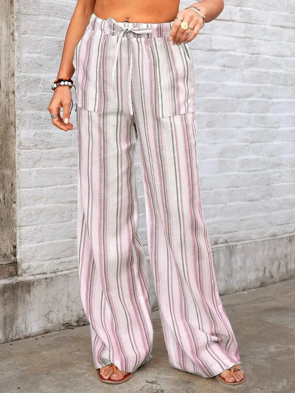 Wide Leg Striped Pocketed Pants