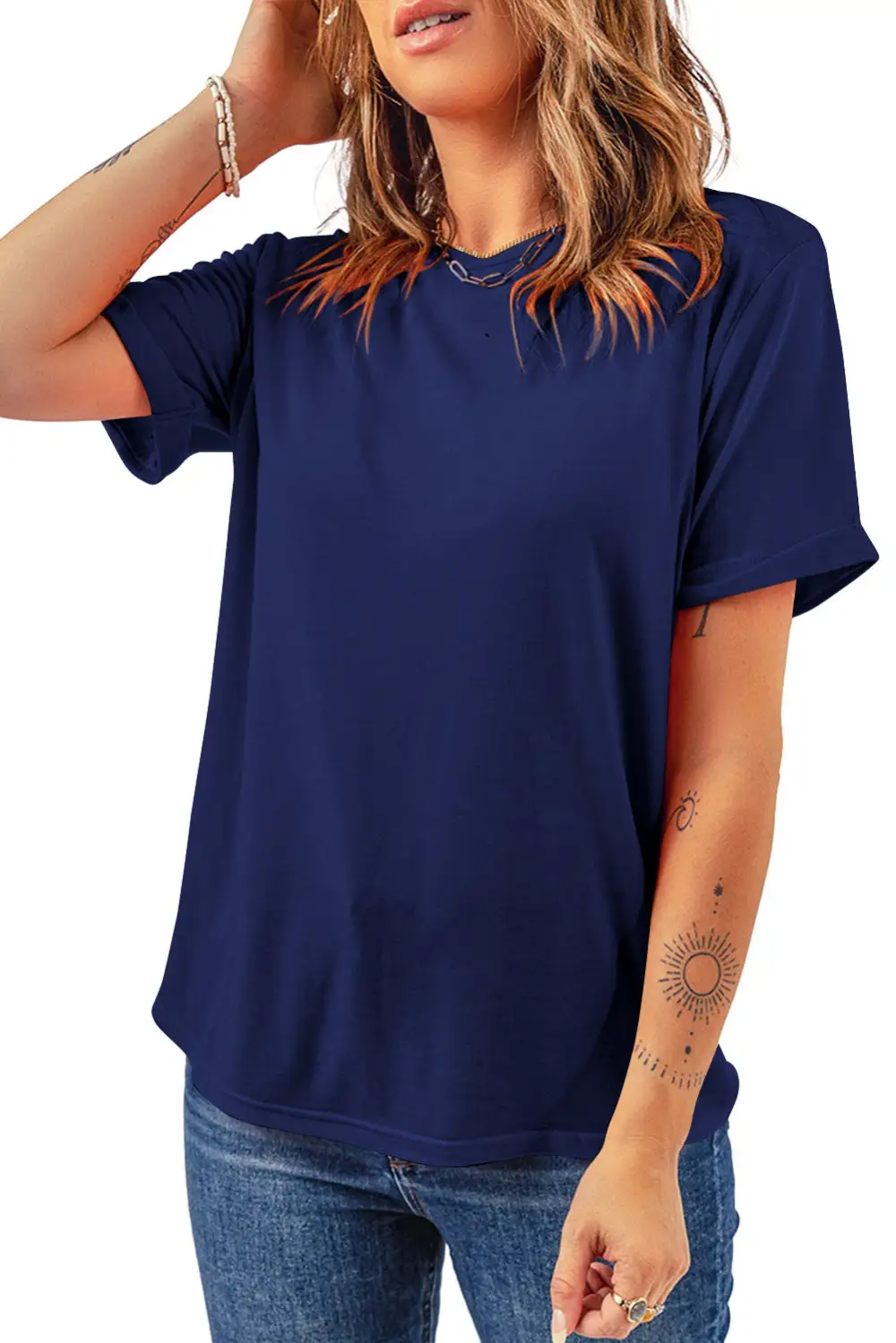 Blue Casual Plain Crew Neck