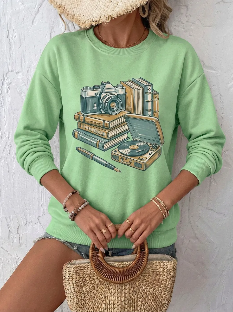 Women's Retro Inspired Camera Books Record Player Printed Sweatshirt