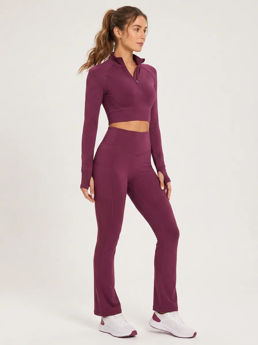 Women's Burgundy Seamless Quarter-Zip Textured Printed Yoga Set