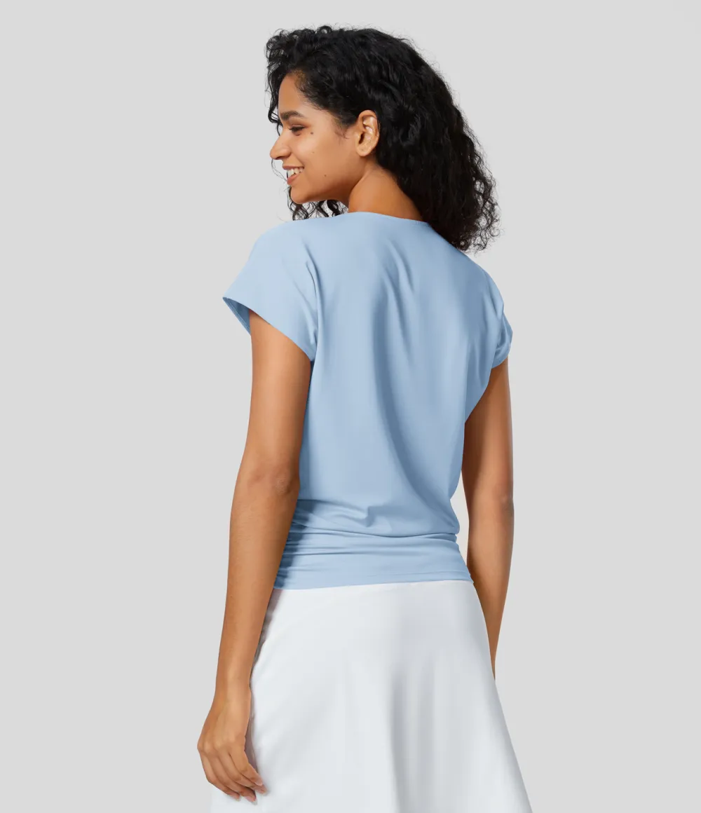 V Neck Cap Sleeve Crossover Ruched Solid Work Blouse