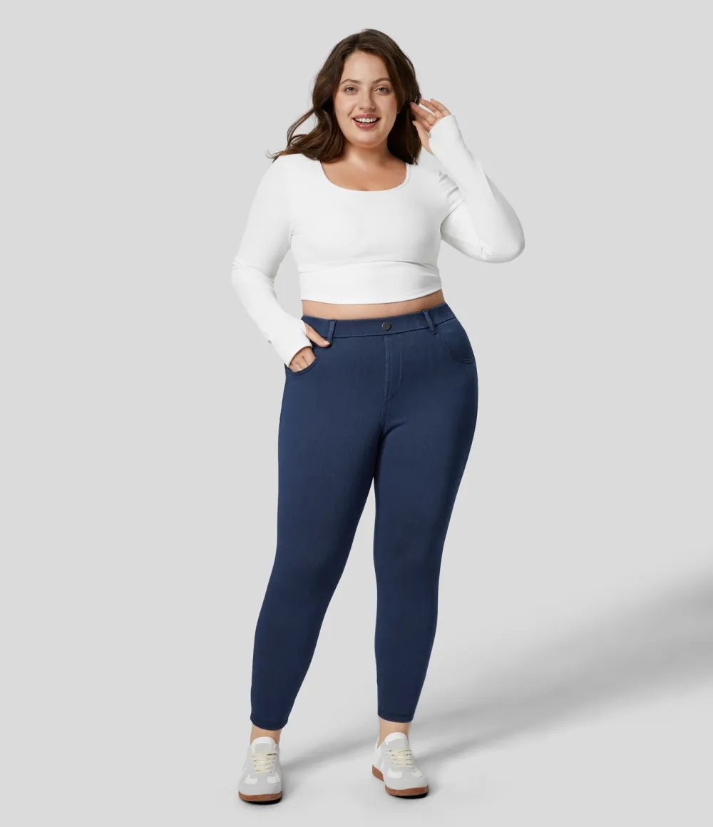 Magic High Waisted Multiple Pockets Stretchy Knit Denim Work 7/8 Plus Size Leggings
