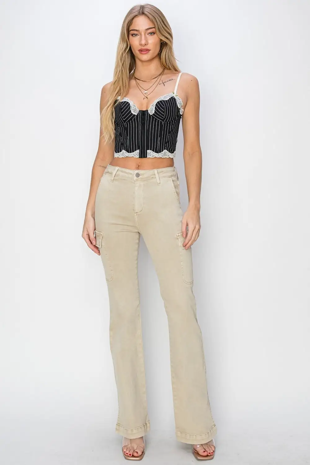 High Rise Side Slit Cargo Bootcut Denim Jeans