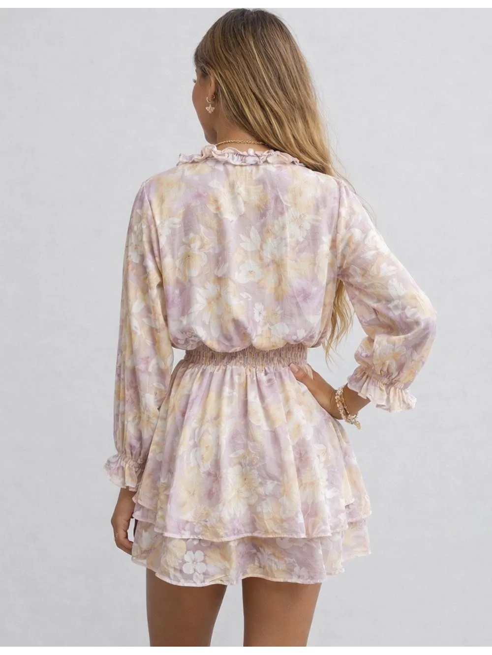 V Neck Tiered Ruffle Smocked Mini Dress
