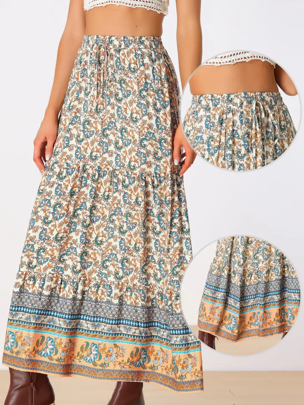 Boho Floral-Print Elastic-Waist Maxi Skirt