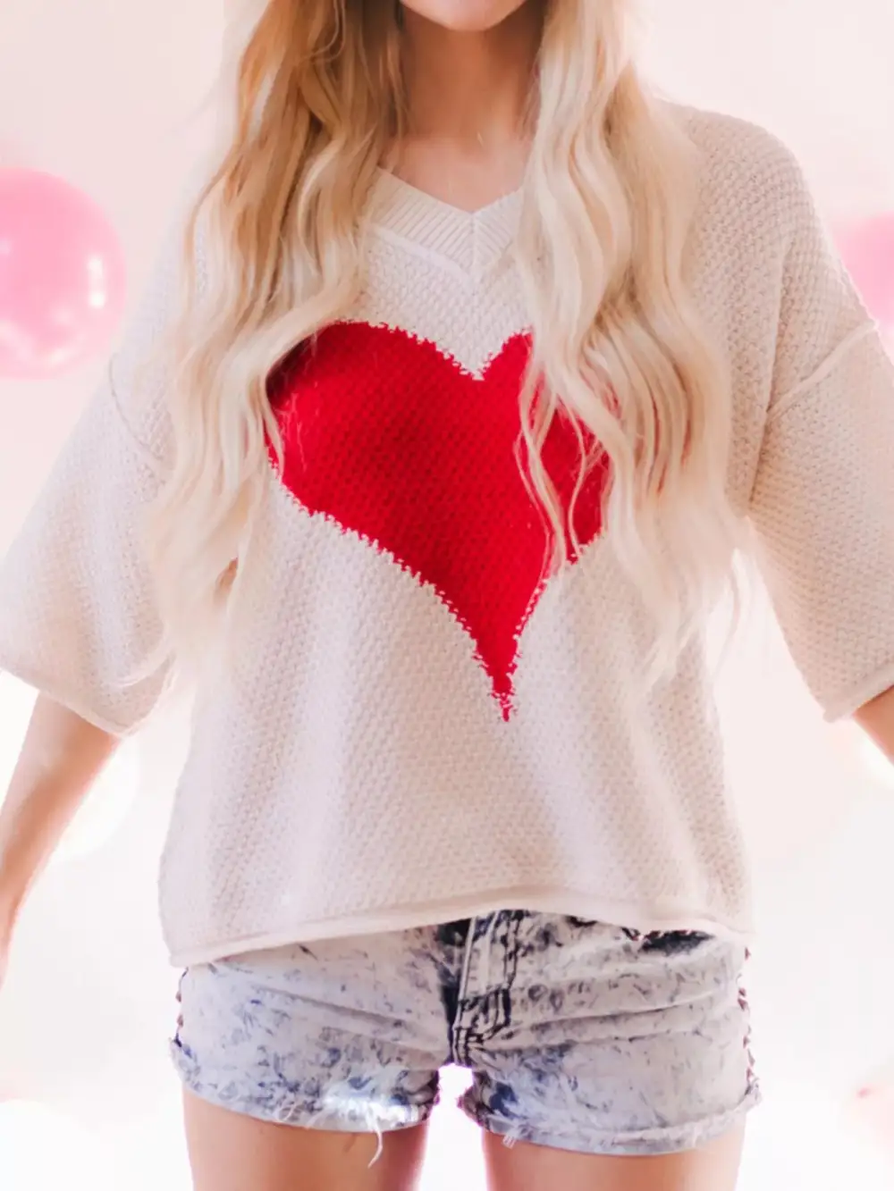 V-Neck Dropped Sleeve Heart Print Valentines Sweater