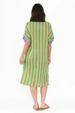 Knee-Length Striped Cotton Pocket Collared Half-Sleeve Straight-Cut Shirt Dress