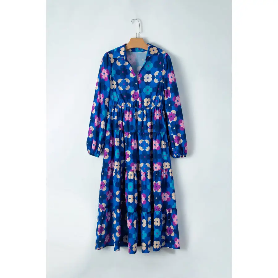 Printed Collared Neck Long Sleeve Midi Dress