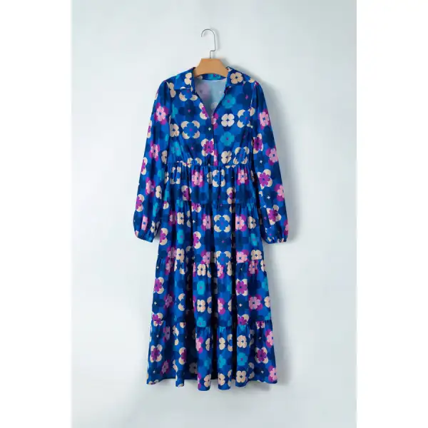 Printed Collared Neck Long Sleeve Midi Dress