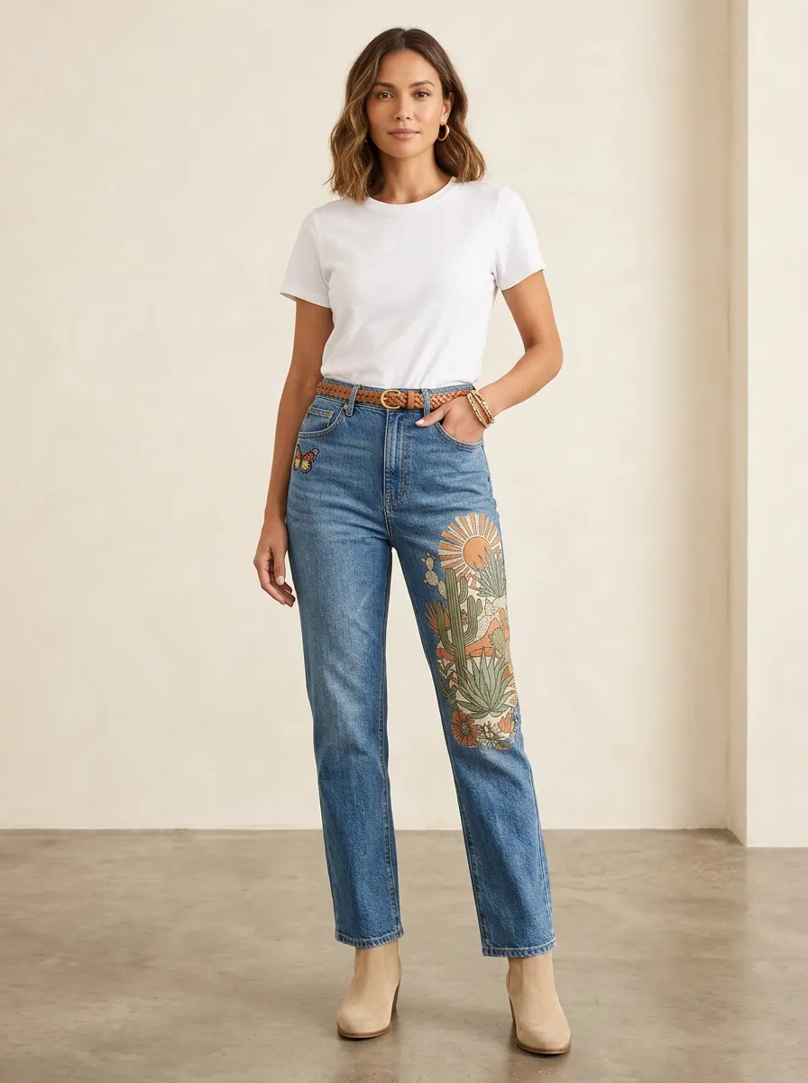 Women's Boho Desert Cactus Butterfly Printed Straight Leg Jeans