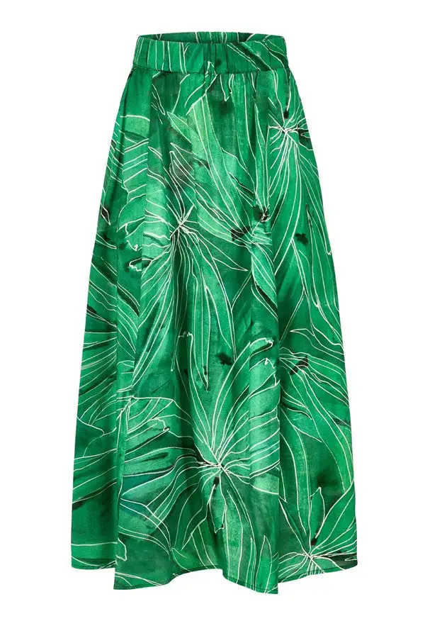 Green Palm Leaf Print A-Line Midi Skirt