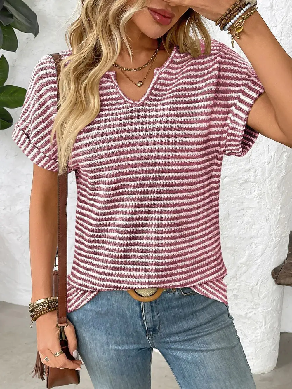 Everyday Striped Notched Short Sleeve T-Shirt