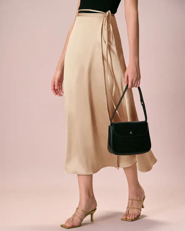 Satin Wrap High Rise Midi Skirt
