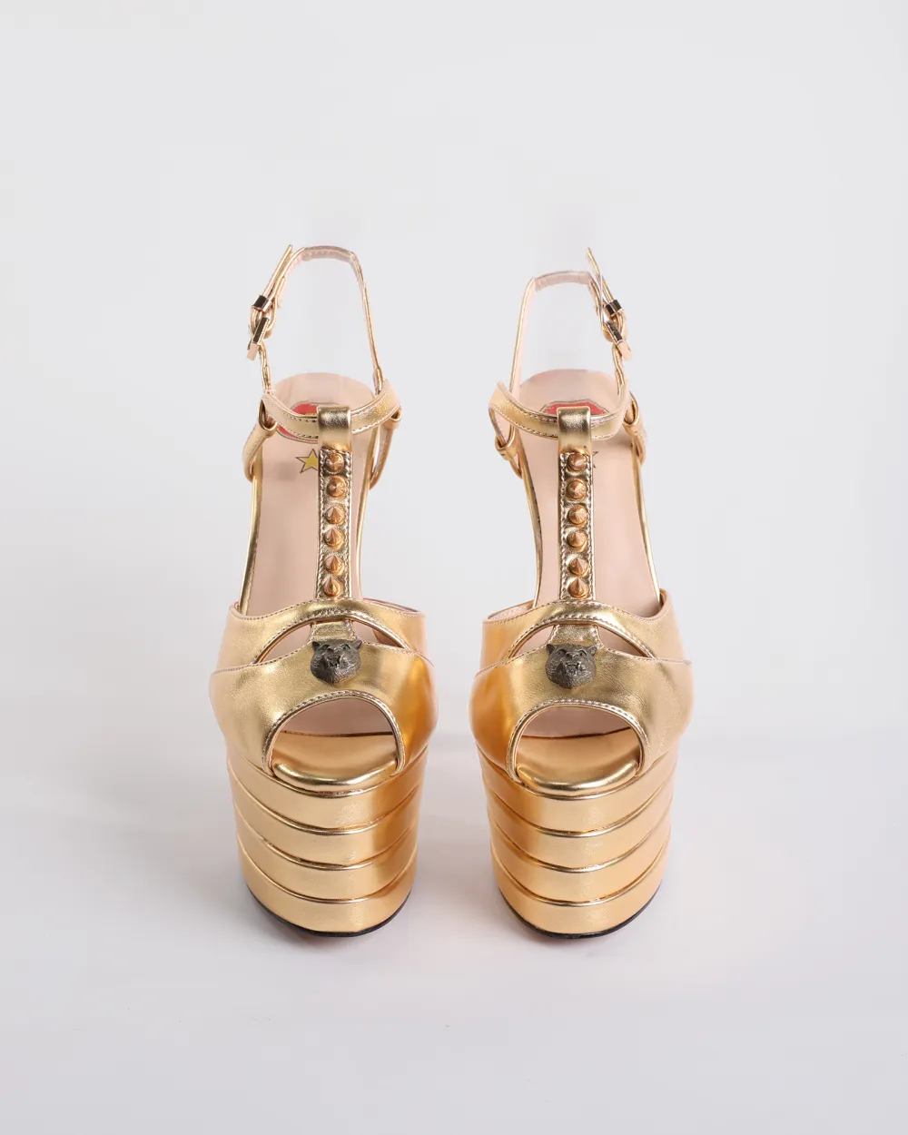 Rivet Strap Platform Heels in Gold