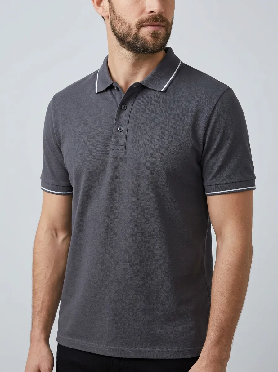 Men's Casual Minimalist Charcoal Grey Tipped Polo Shirt