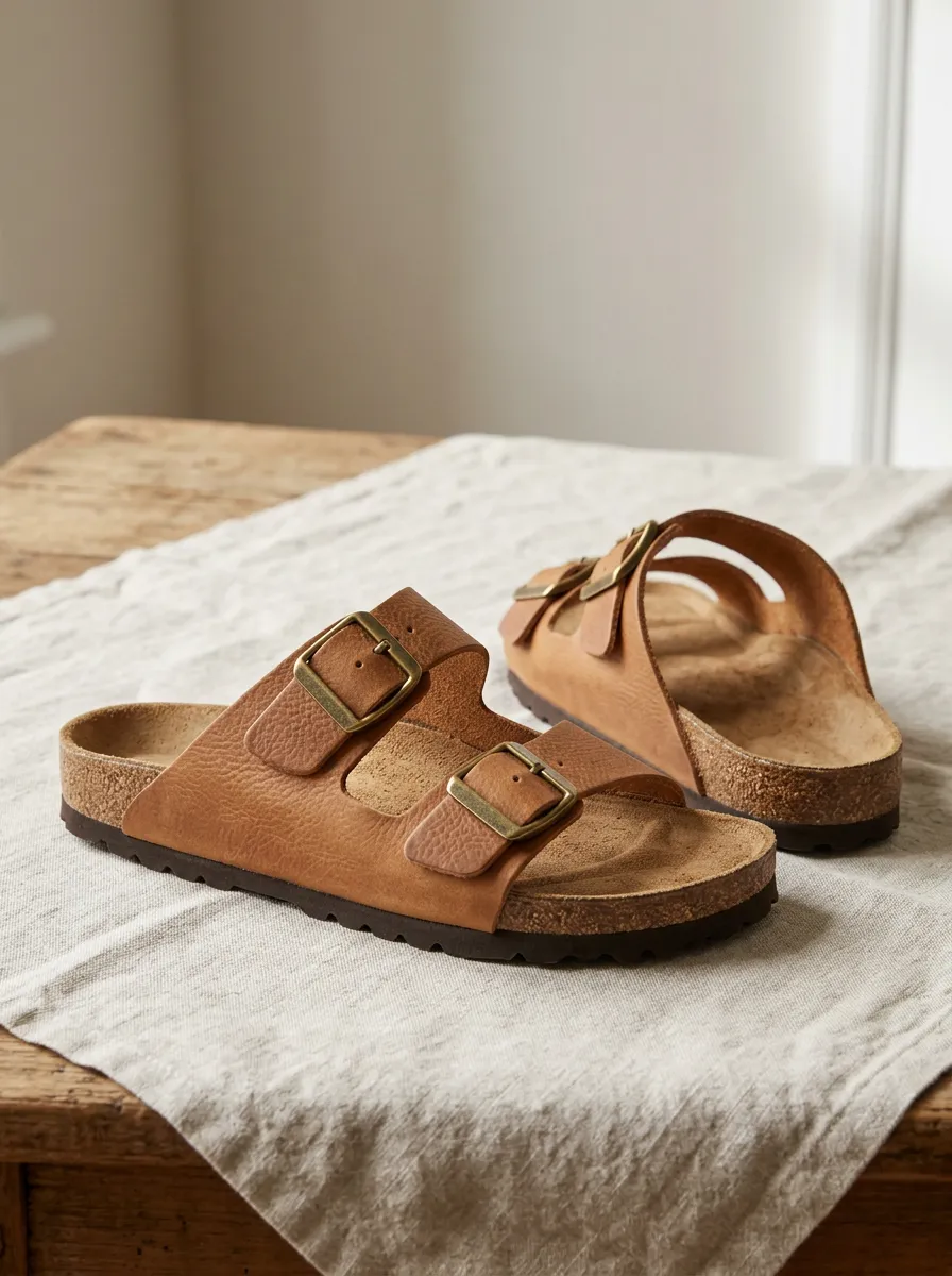 Unisex Casual Leather Double Buckle Cork Sandals