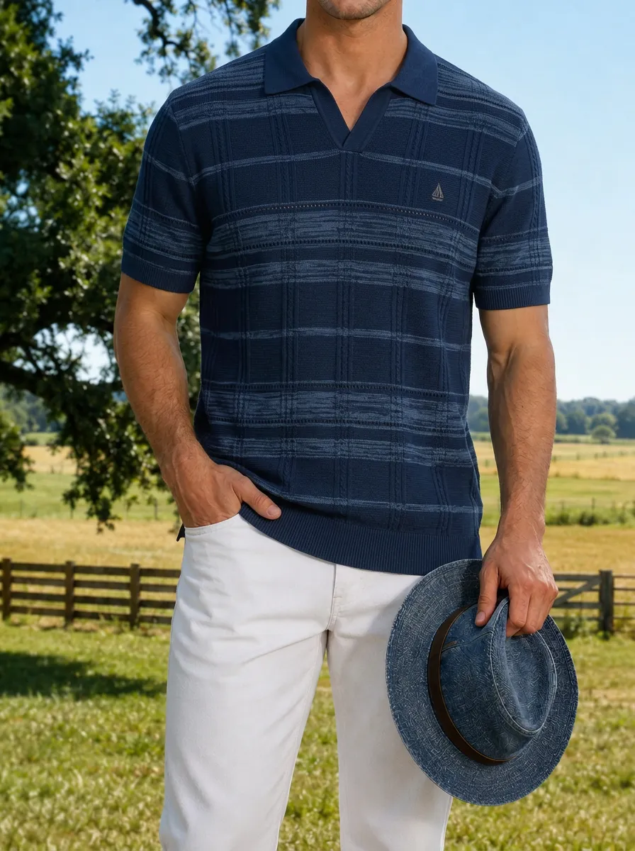 Men's Nautical Style Plaid Pattern Knitted Polo Shirt