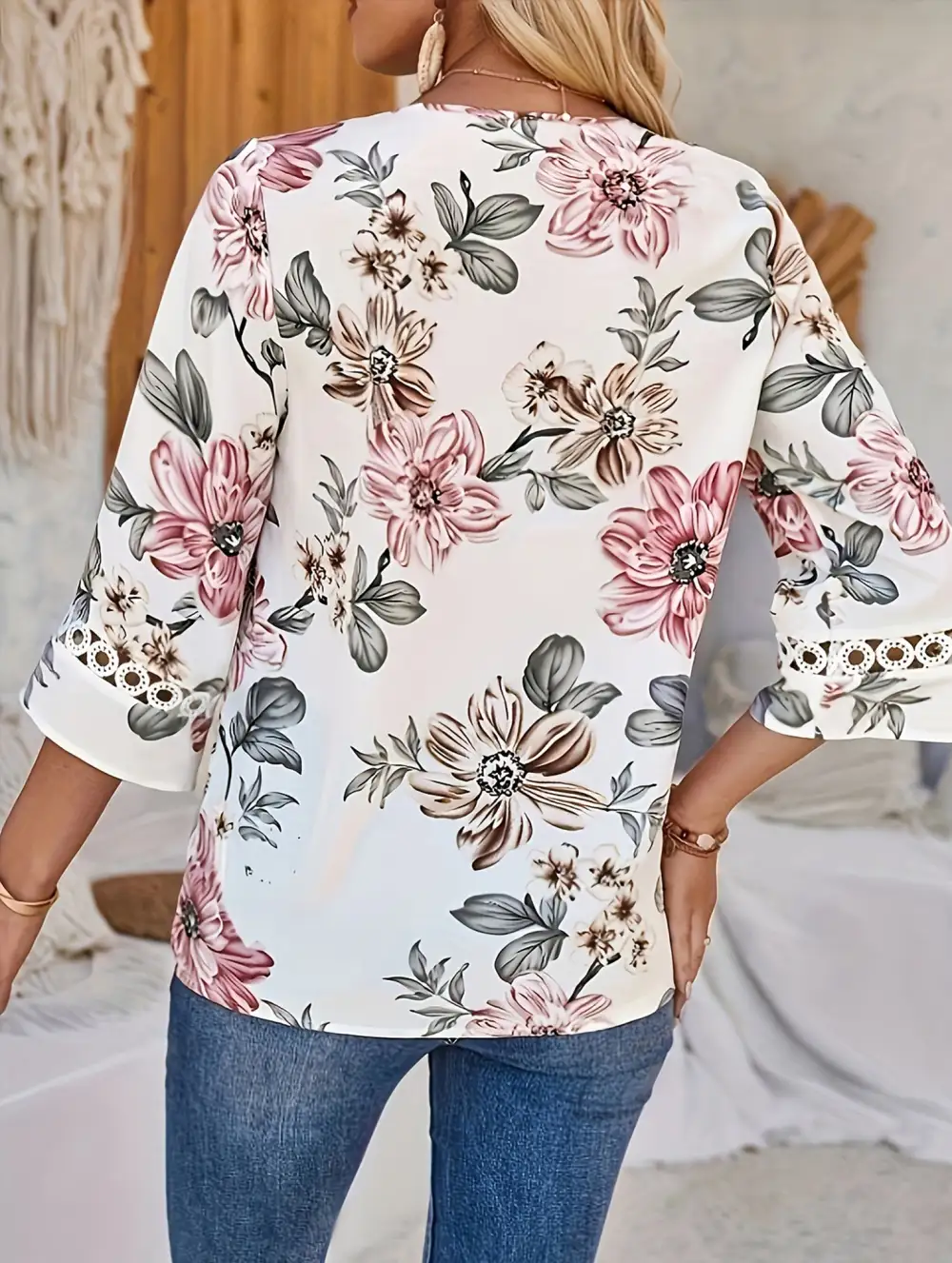 V-Neck Lace Flare Sleeve Top