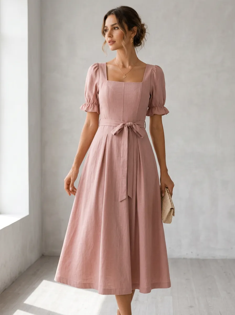 Women's Vintage Casual Dusty Pink Square Neck Ruffled Sleeve Belted Dress
