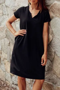 Above-Knee Cotton Pleated V-Neck Short-Sleeve Straight-Cut High-Low-Hem T-Shirt Dress