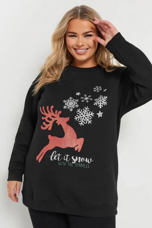 Black 'Let It Snow' Reindeer Print Sweatshirt