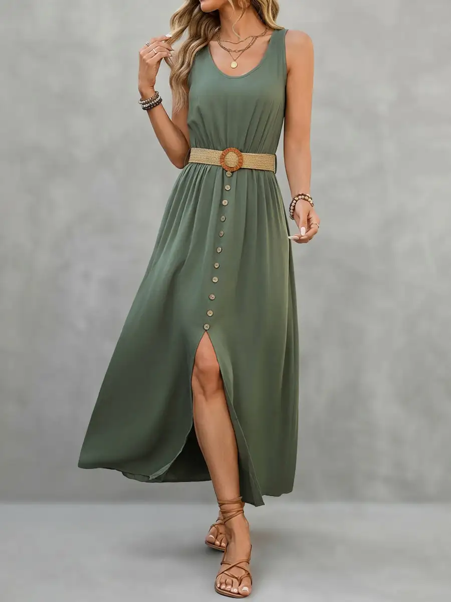 Pleated Buttoned Sleeveless Neck Maxi Dress