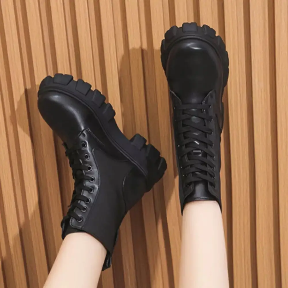 Textured Lace-Up Platform Ankle Boots