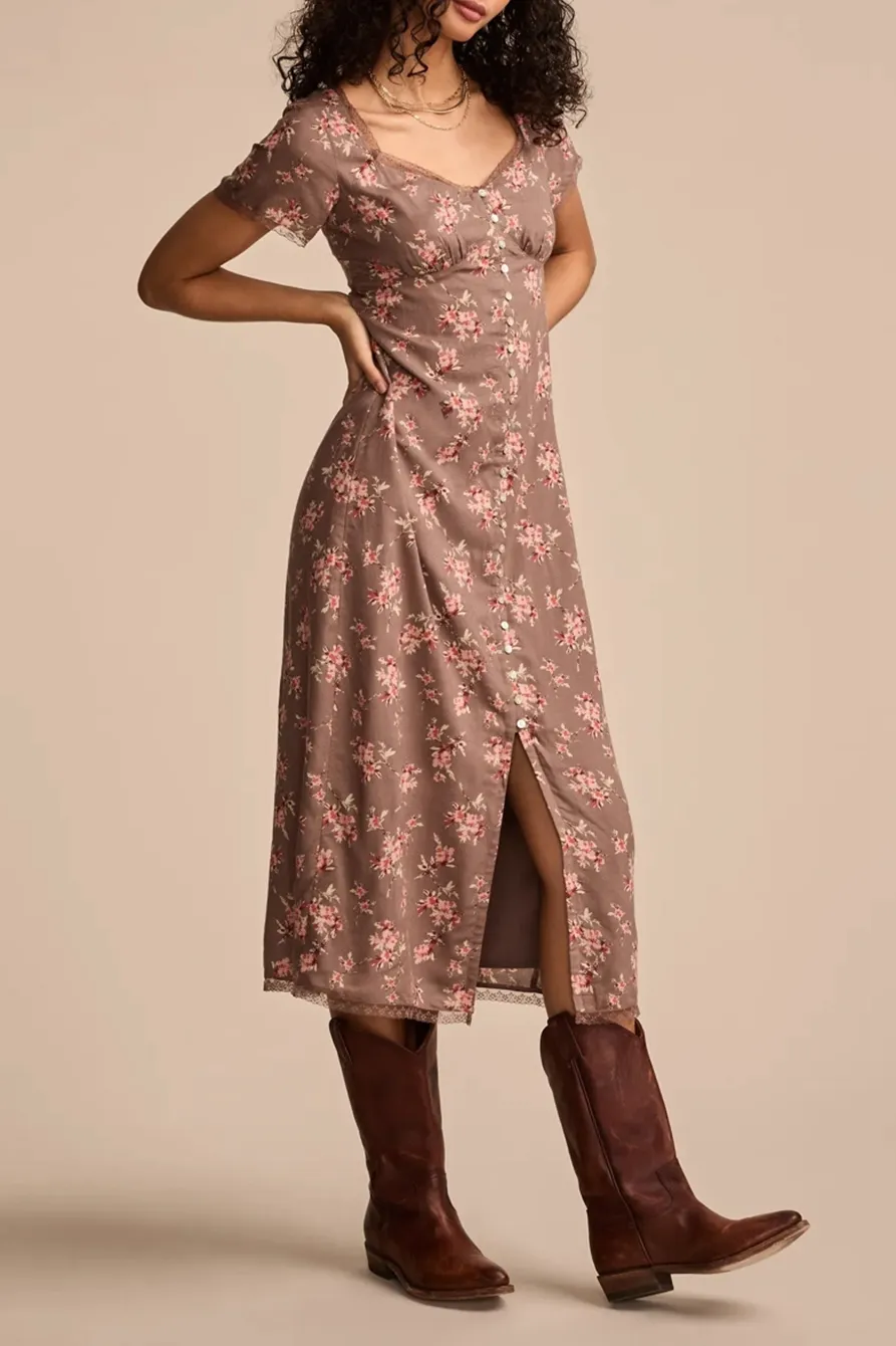 Floral Lace trimmed Short Sleeve Midi Dress