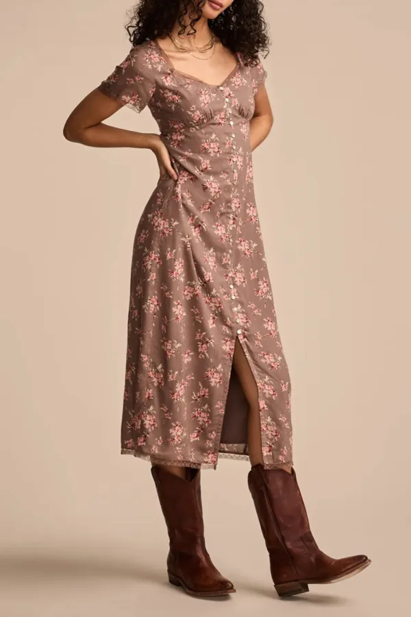 Floral Lace trimmed Short Sleeve Midi Dress