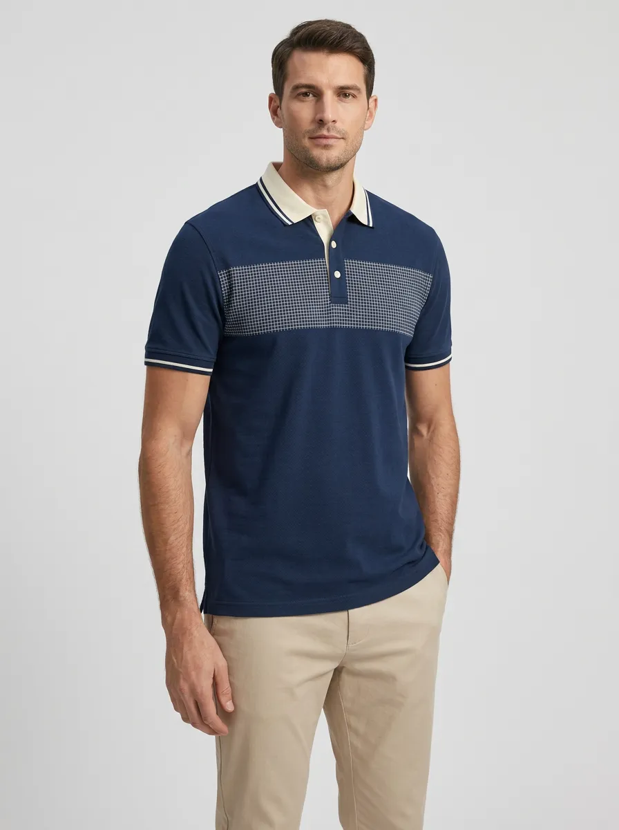 Men's Casual Grid Pattern Contrast Collar Printed Polo Shirt