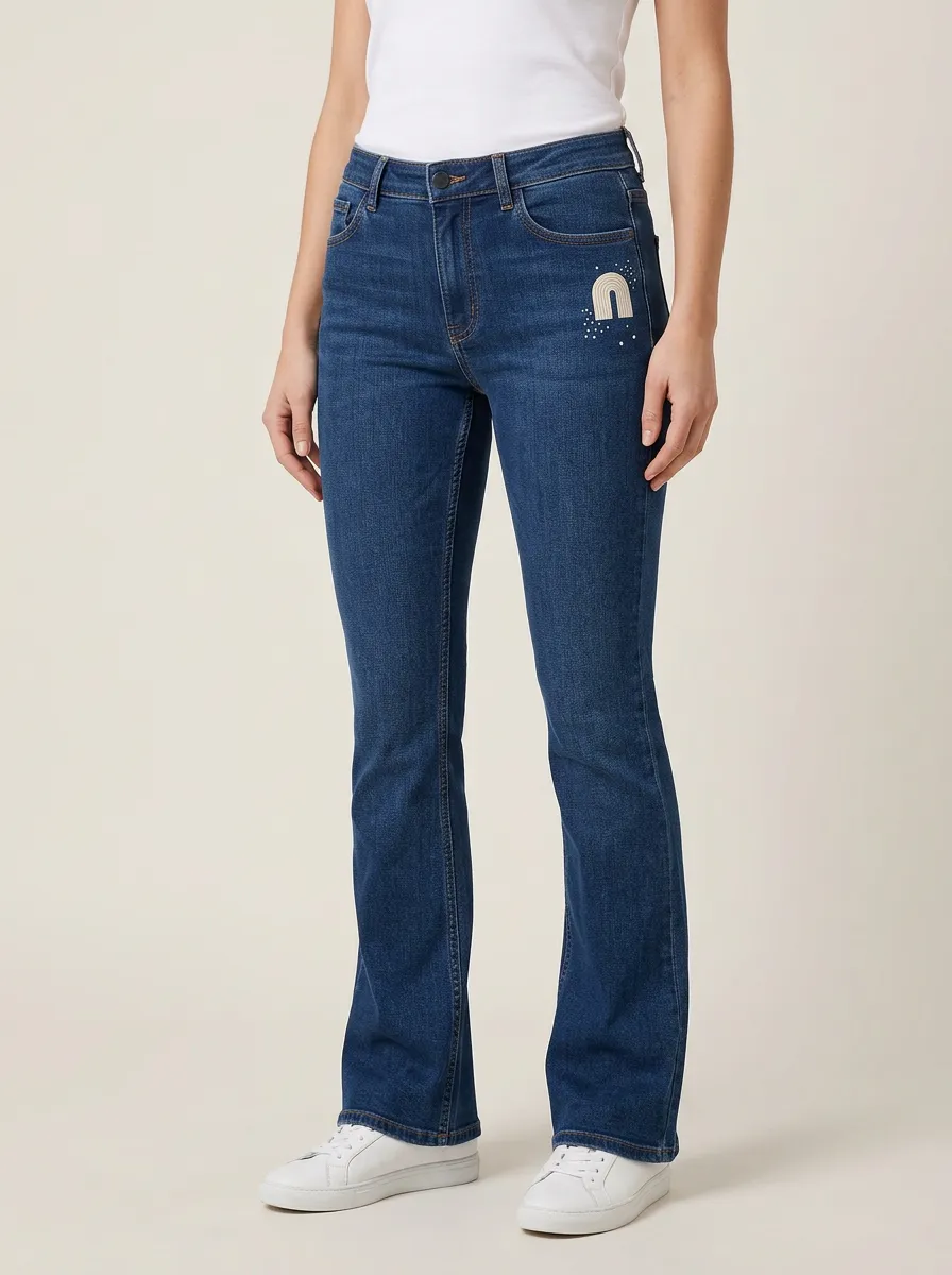 Women's Rainbow Star Embroidered Mid-Rise Flare Jeans