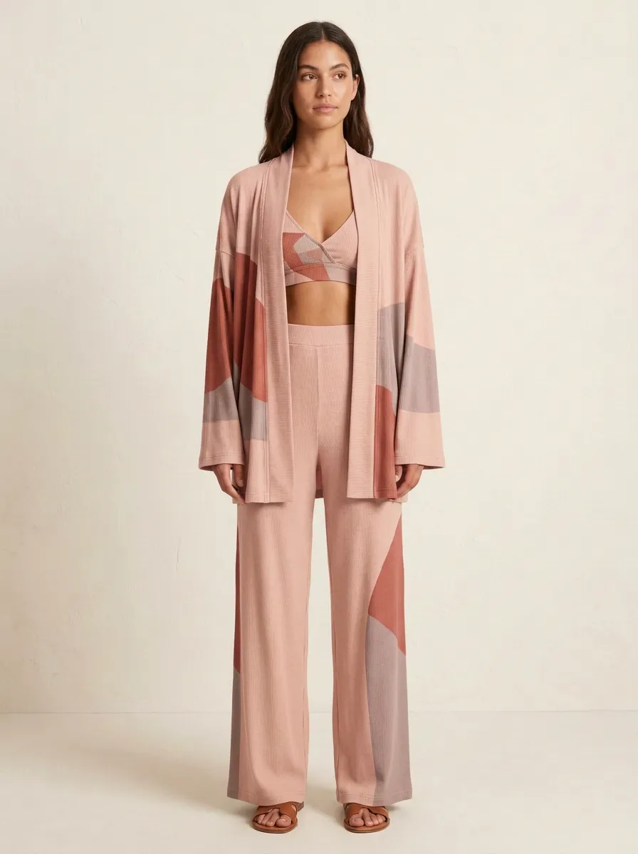 Geometric Ribbed Textured Cardigan Lounge Set