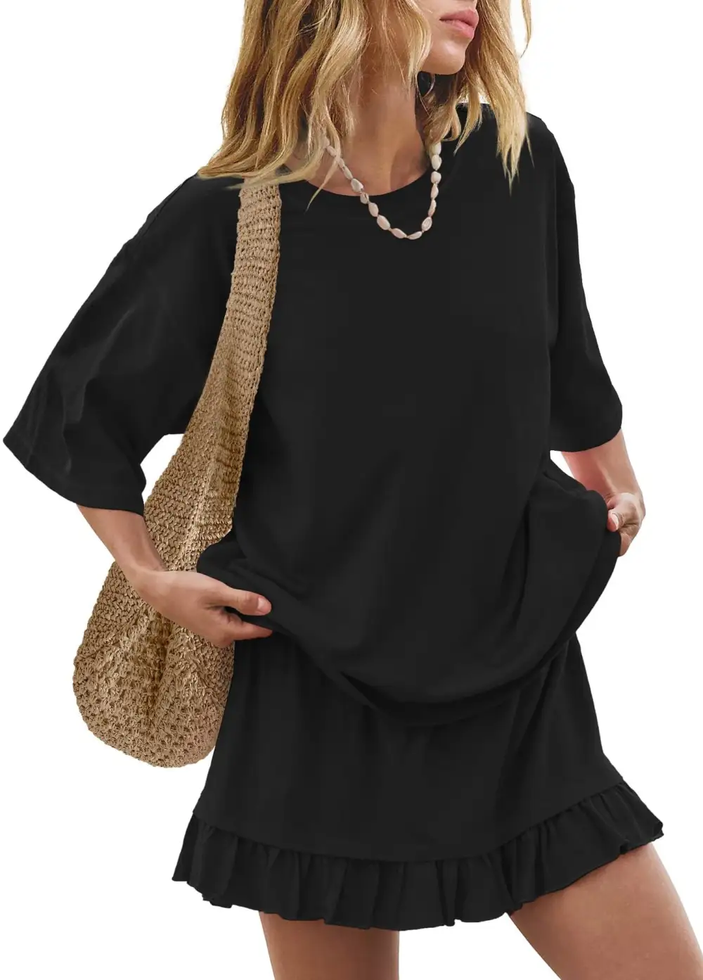 Refined Round Neck Ruffle Trim Coordinated Set