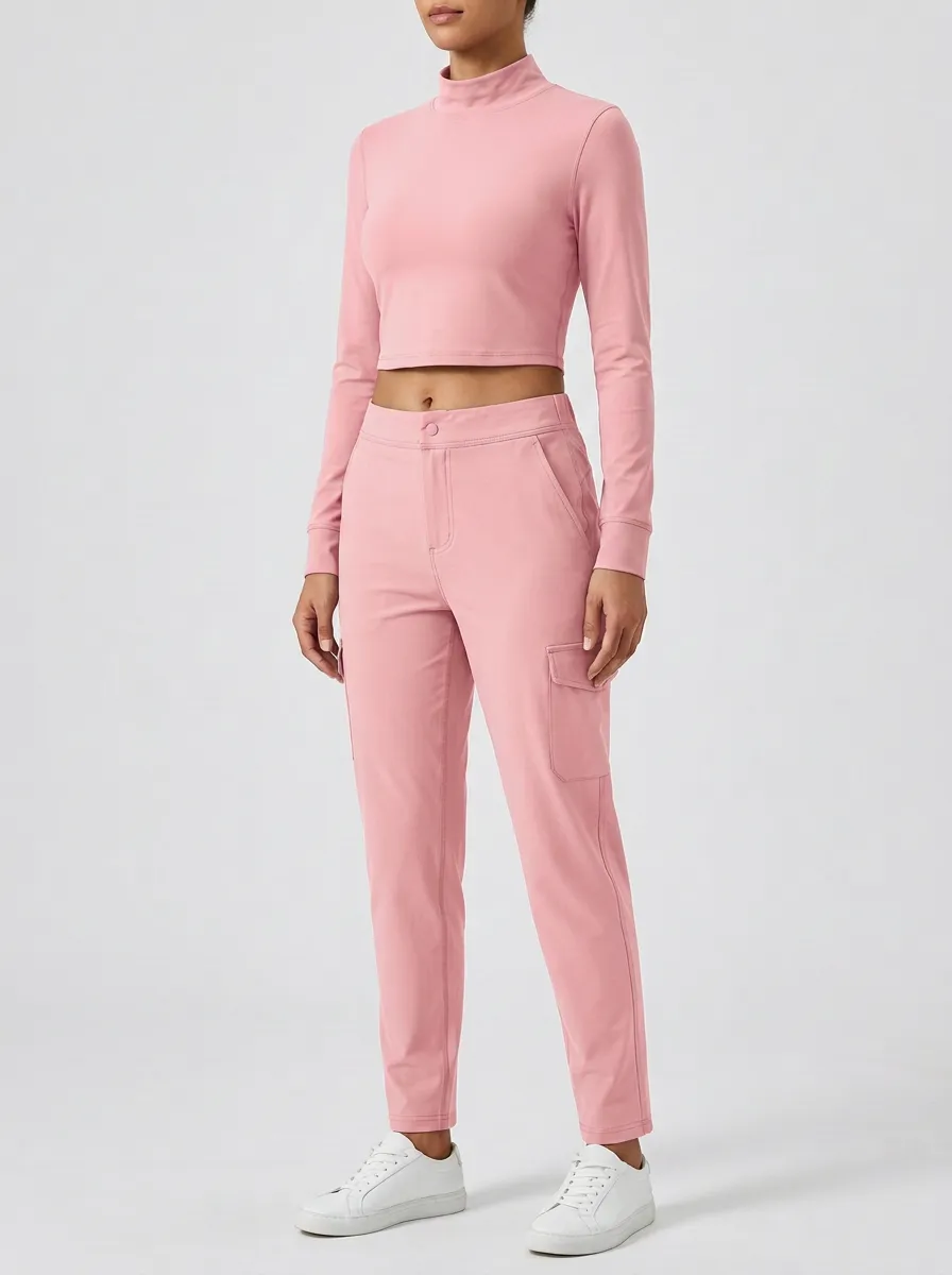 Women's Mock-Neck Crop Top and Tapered Cargo Pant Set