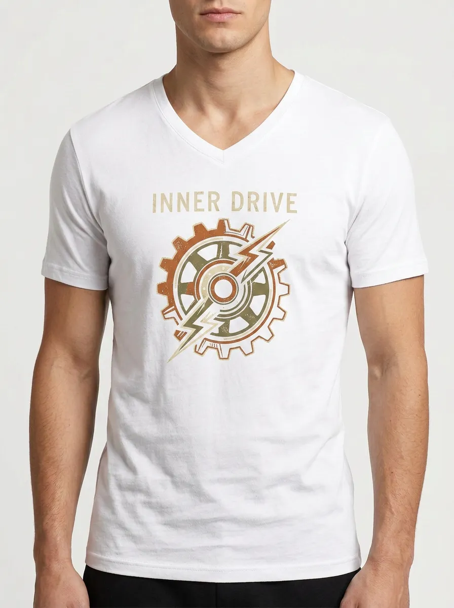 Men's Inner Drive Mechanical Gear Lightning Printed V-Neck T-Shirt