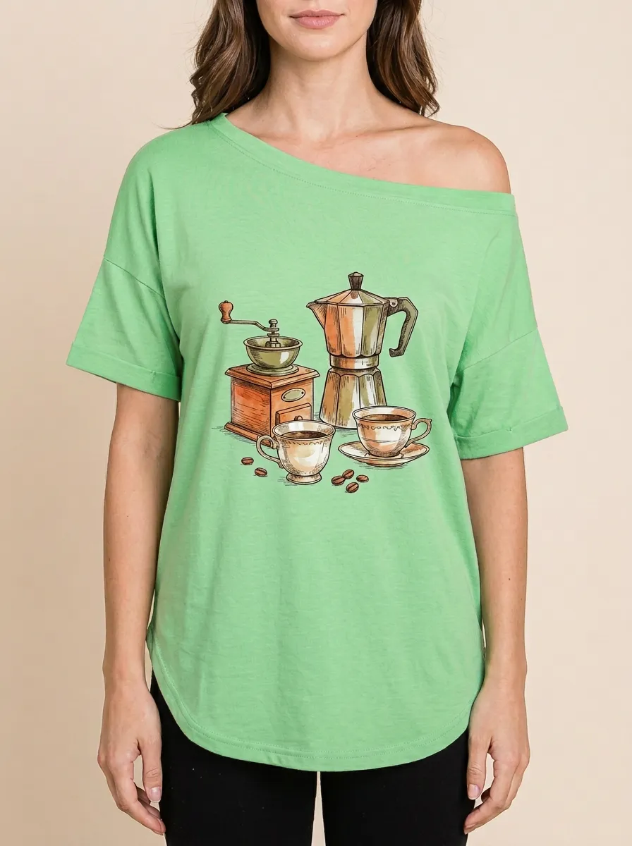 Women's Coffee-Inspired Moka Pot Grinder Printed T-Shirt