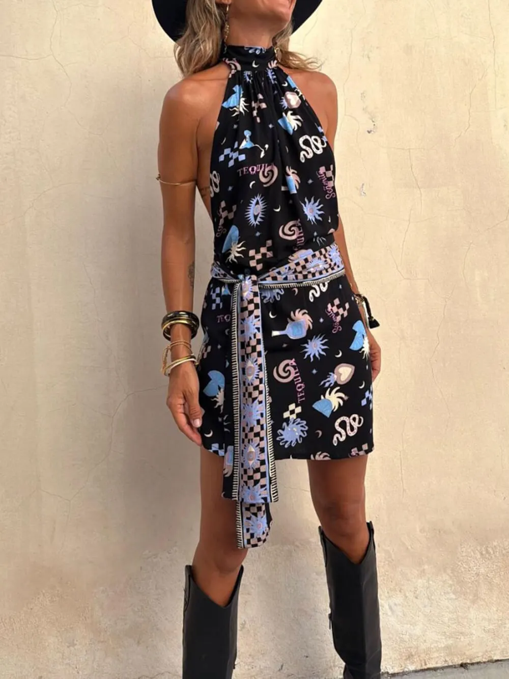 Casual Printed Halter Backless Belted Mini Dress