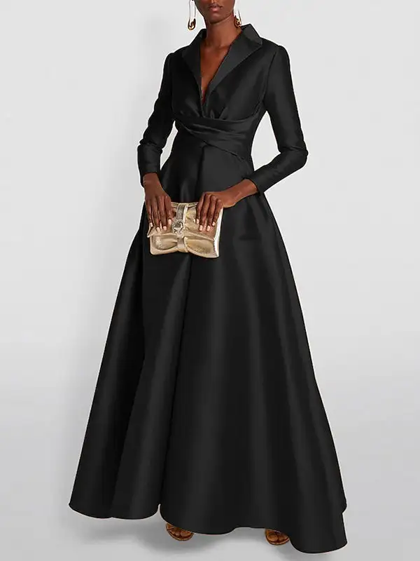 High Waisted Pleated Neck Maxi Dress