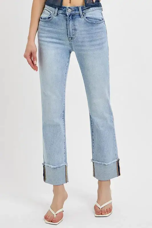 High Waist Straight Leg Cuffed Denim Jeans