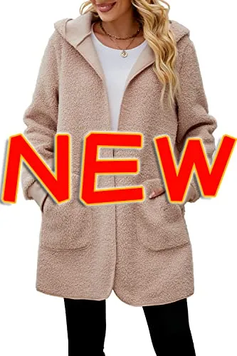 Womens Fuzzy Fleece Open Front Hooded Cardigan Jackets Sherpa Coat with Pockets