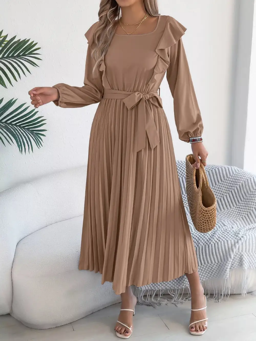 Ruffle Pleated Midi Dress
