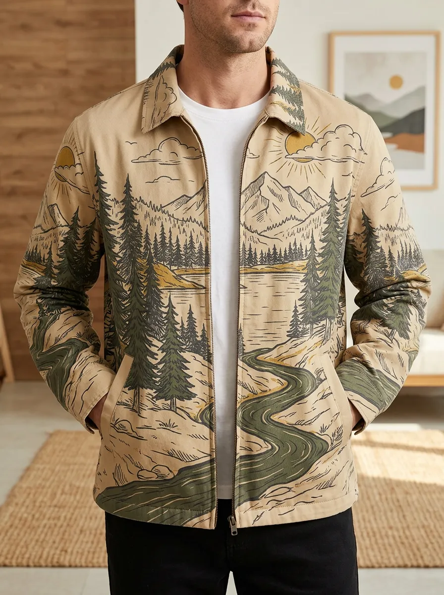 Men's Nature Lover Mountain Forest River Printed Jacket