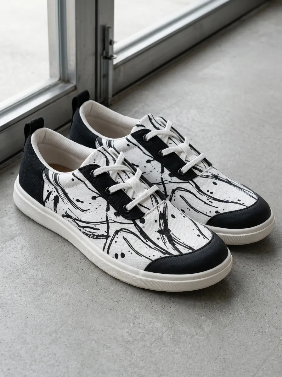 Men's Abstract Ink Splatter Black and White Printed Canvas Shoes
