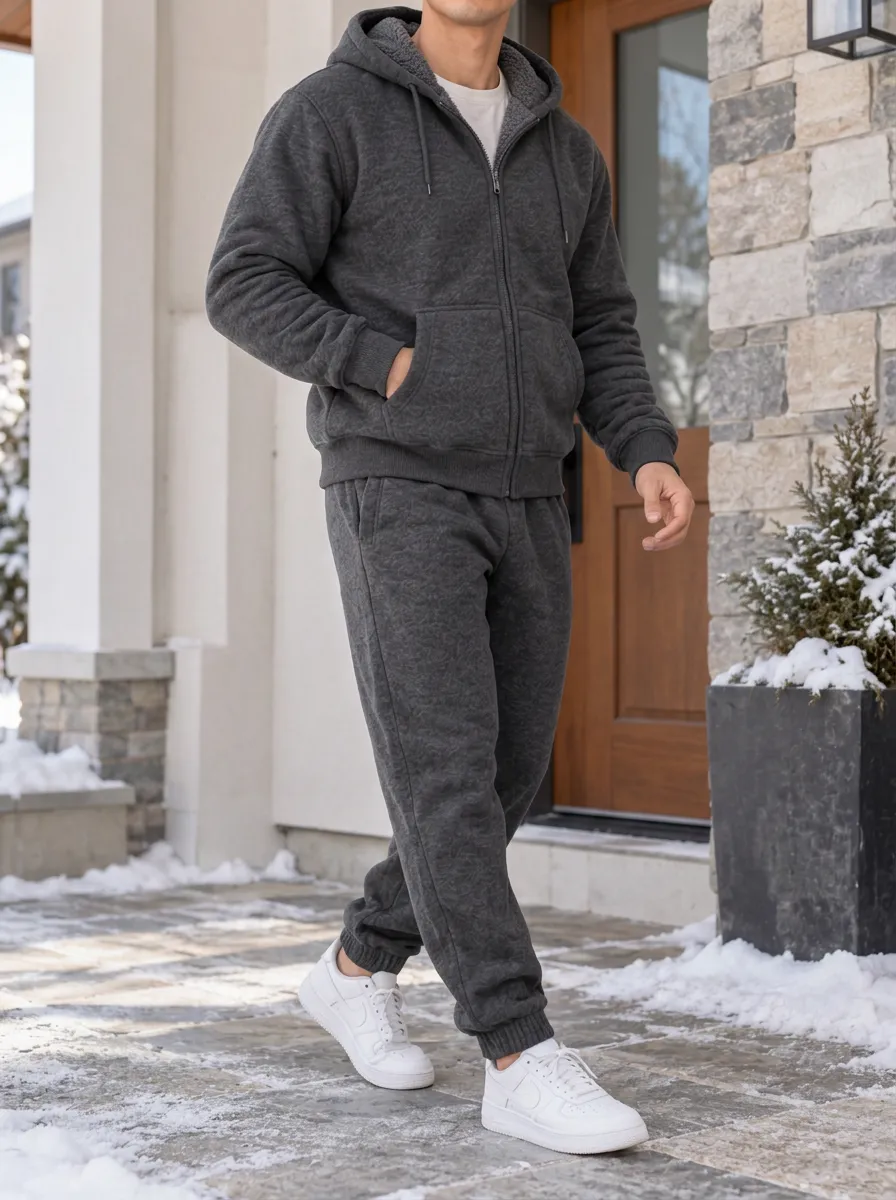Men's Winter Fleece-Lined Zip-Up Hoodie and Pants Set with Elastic Waist