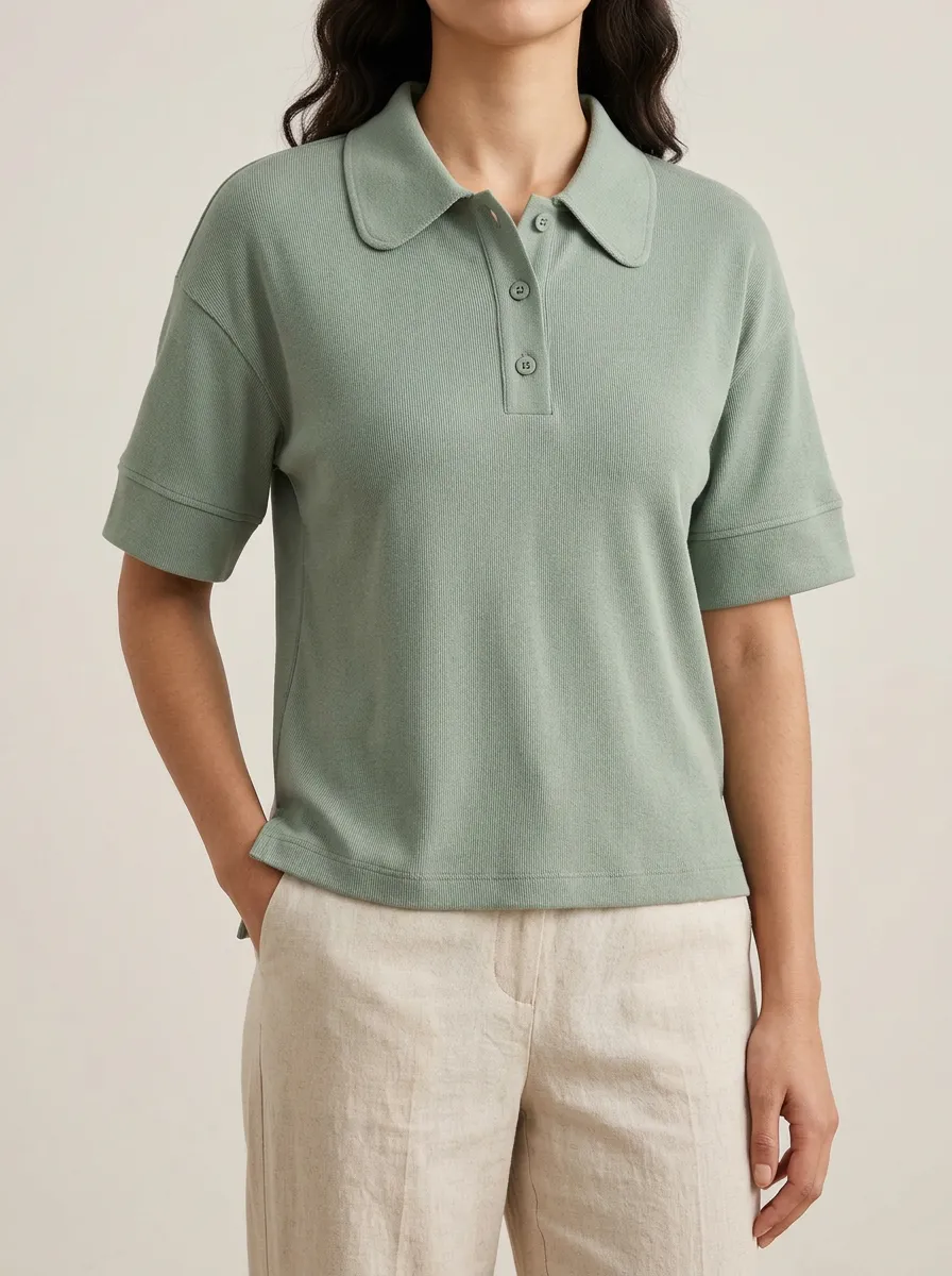 Women's Sage Green Ribbed Polo with Short Sleeves