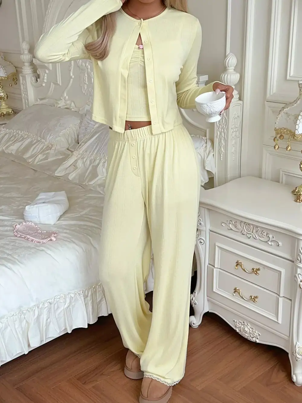 Cami and Long Sleeve Cardigan and Wide Leg Pants Set