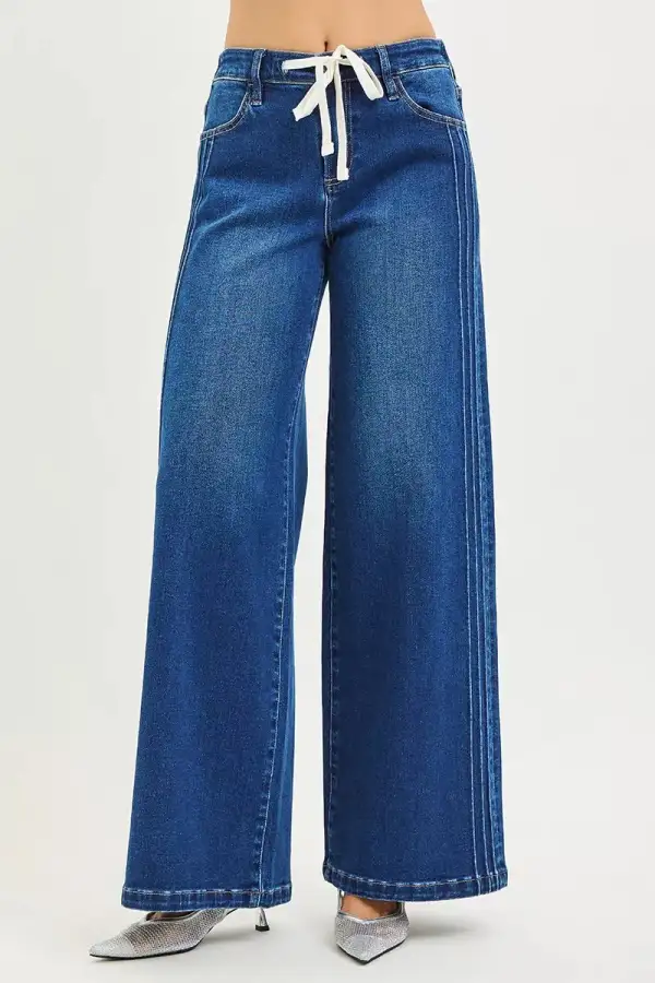 Mid Rise Drawstring Pintuck Jeans