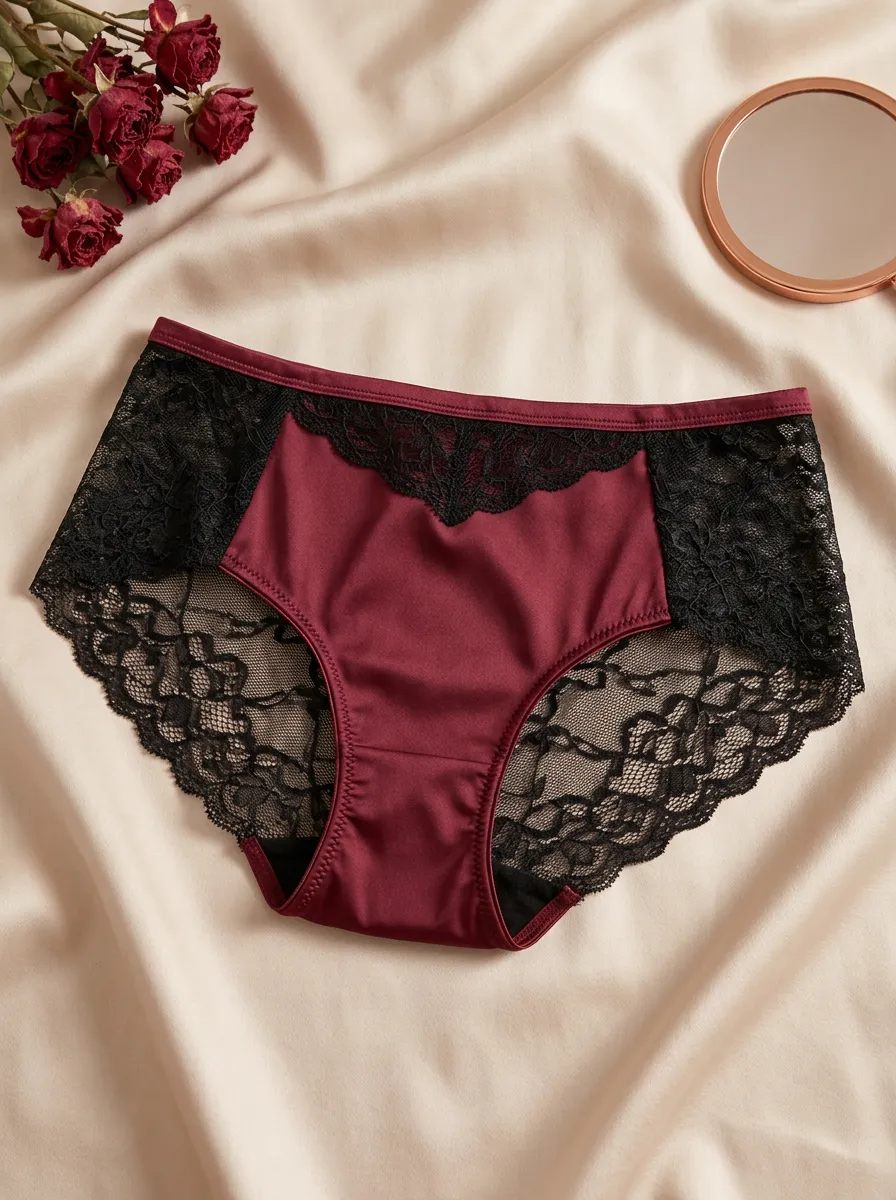 Women's Burgundy Satin Black Lace Trimmed Panties
